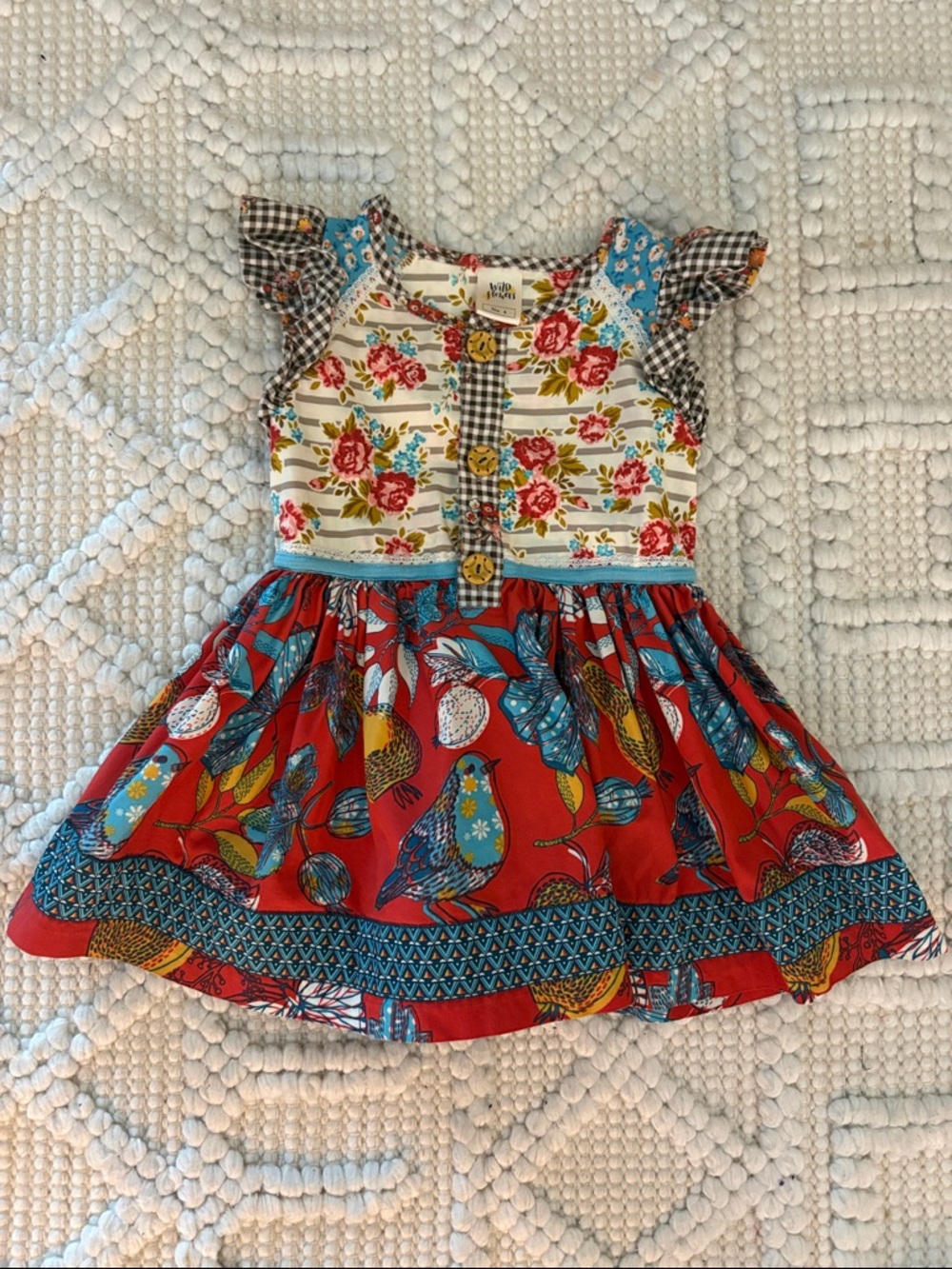Wildflowers Red Floral & Bird Patchwork Dress
